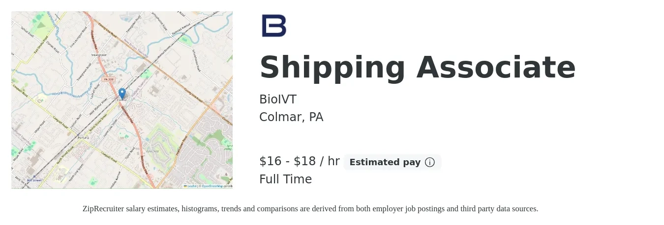 BioIVT job posting for a Shipping Associate in Colmar, PA with a salary of $17 to $19 Hourly with a map of Colmar location.