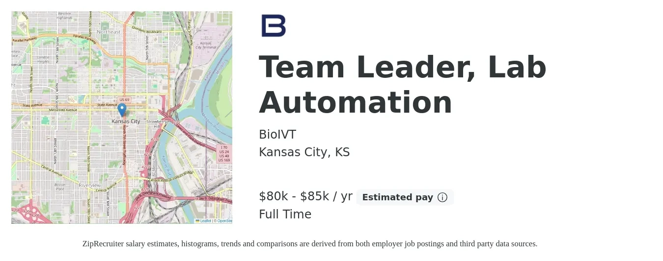 BioIVT job posting for a Team Leader, Lab Automation in Kansas City, KS with a salary of $80,000 to $85,000 Yearly with a map of Kansas City location.