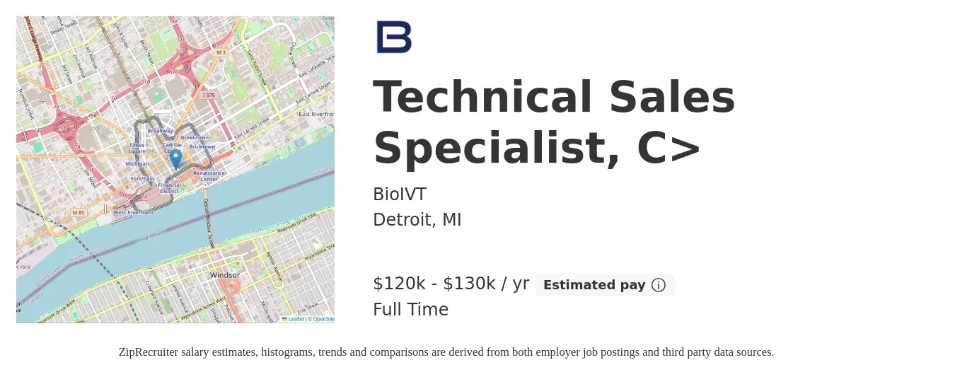 BioIVT job posting for a Technical Sales Specialist, C> in Detroit, MI with a salary of $120,000 to $130,000 Yearly with a map of Detroit location.