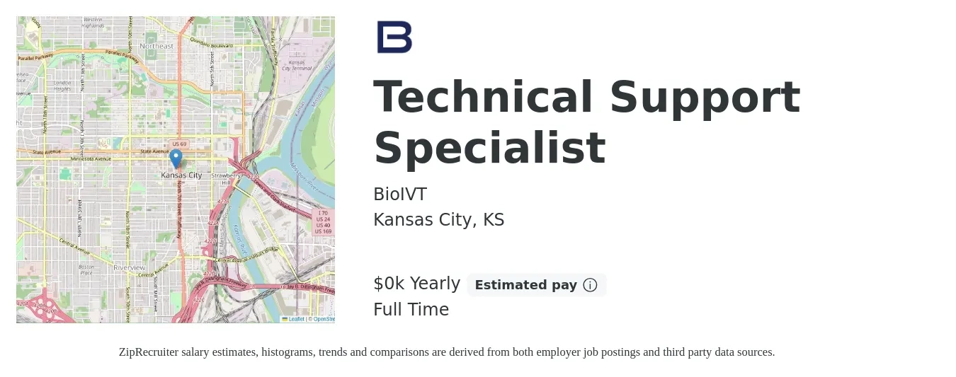 BioIVT job posting for a Technical Support Specialist in Kansas City, KS with a salary of $24 to $27 Yearly with a map of Kansas City location.