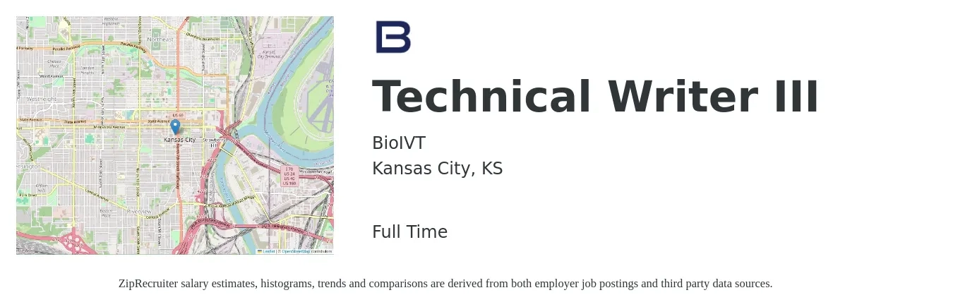 BioIVT job posting for a Technical Writer III in Kansas City, KS with a salary of $29 to $47 Hourly with a map of Kansas City location.