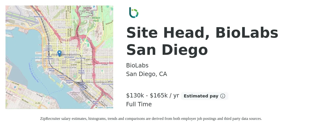 BioLabs job posting for a Site Head, BioLabs San Diego in San Diego, CA with a salary of $130,000 to $165,000 Yearly with a map of San Diego location.
