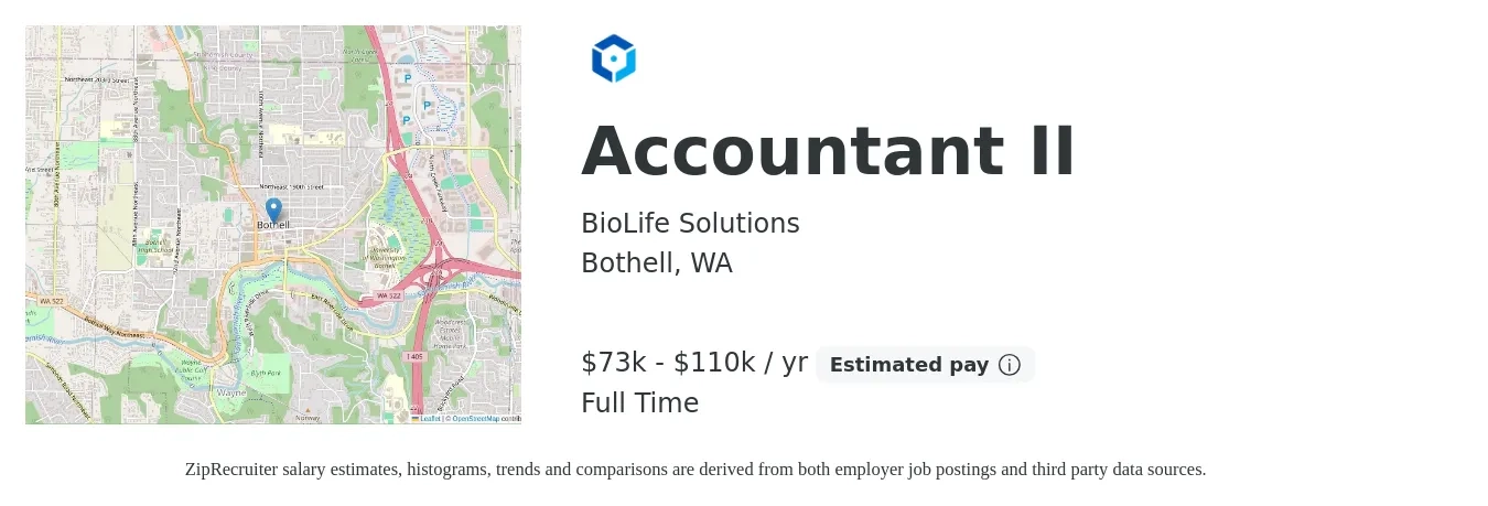 BioLife Solutions job posting for a Accountant II in Bothell, WA with a salary of $73,542 to $110,313 Yearly with a map of Bothell location.