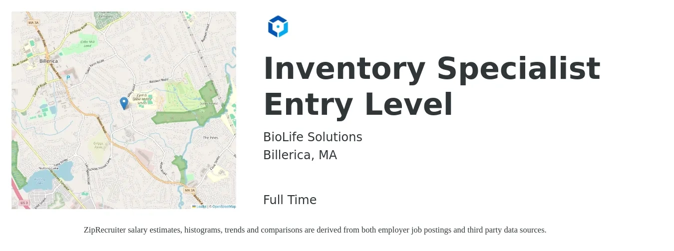BioLife Solutions job posting for a Inventory Specialist Entry Level in Billerica, MA with a salary of $19 to $24 Hourly with a map of Billerica location.