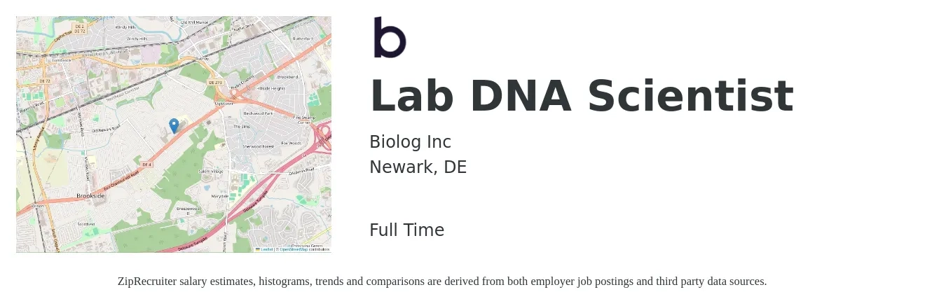 Biolog Inc job posting for a Lab DNA Scientist in Newark, DE with a salary of $20 to $28 Hourly with a map of Newark location.