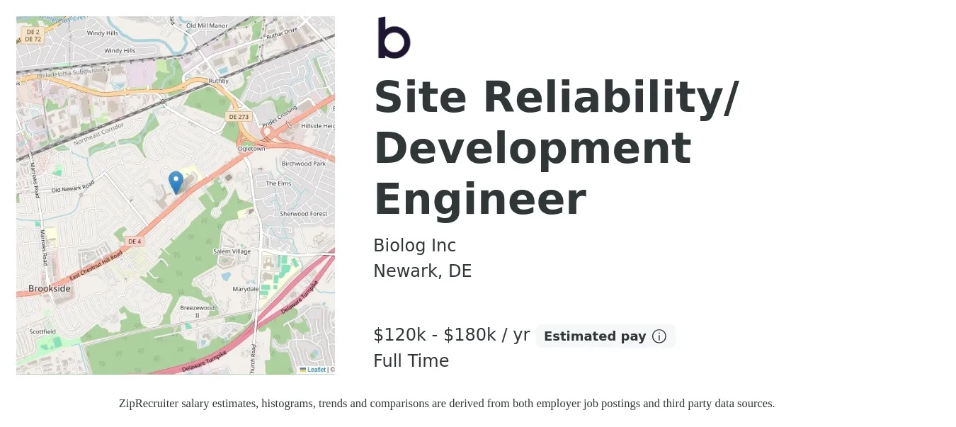 Biolog Inc job posting for a Site Reliability/ Development Engineer in Newark, DE with a salary of $120,000 to $180,000 Yearly with a map of Newark location.
