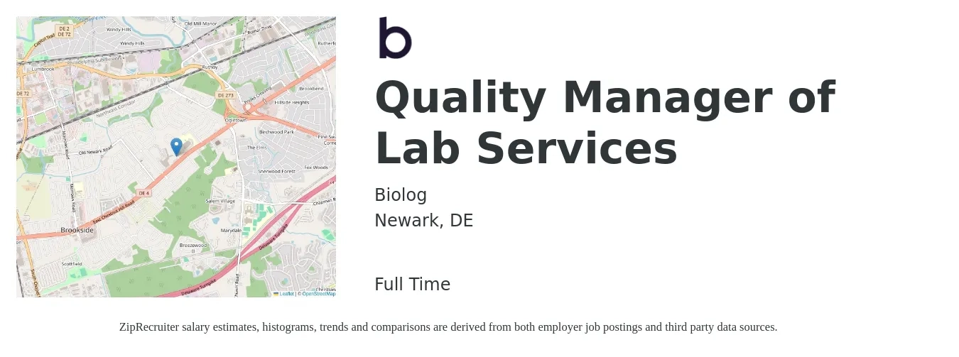 Biolog Inc job posting for a Quality Manager of Lab Services in Newark, DE with a salary of $68,900 to $107,500 Yearly with a map of Newark location.
