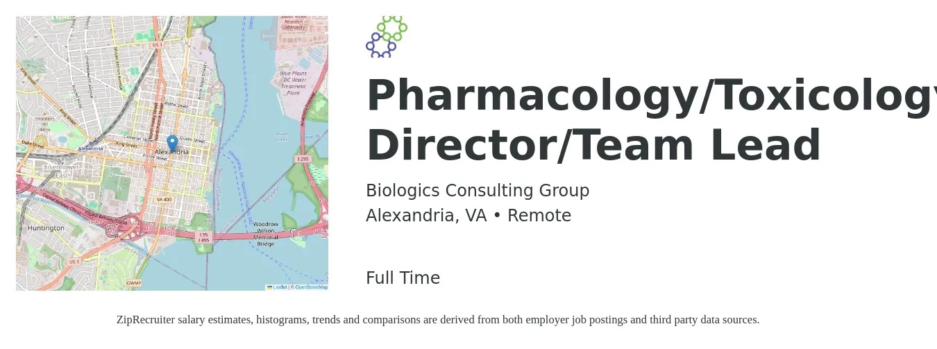Biologics Consulting Group job posting for a Pharmacology/Toxicology Director/Team Lead in Alexandria, VA with a map of Alexandria location.