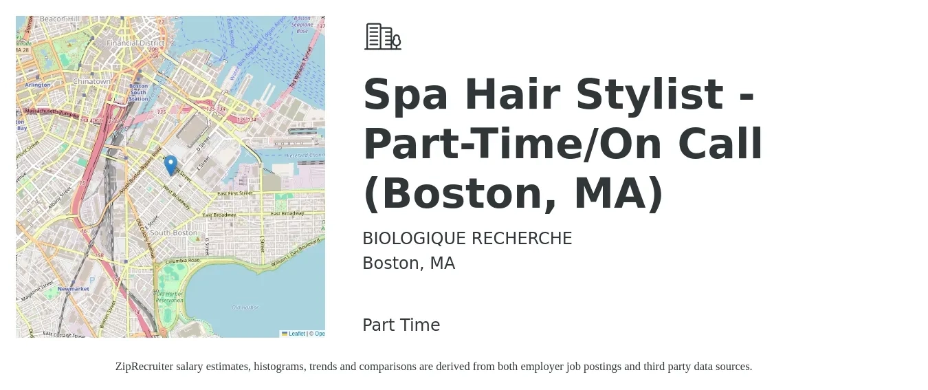 BIOLOGIQUE RECHERCHE job posting for a Spa Hair Stylist - Part-Time/On Call (Boston, MA) in Boston, MA with a salary of $18 to $27 Hourly with a map of Boston location.
