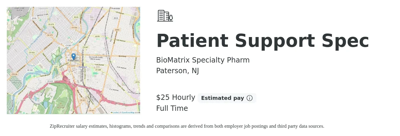 BioMatrix Specialty Pharm job posting for a Patient Support Spec in Paterson, NJ with a salary of $26 to $27 Hourly with a map of Paterson location.