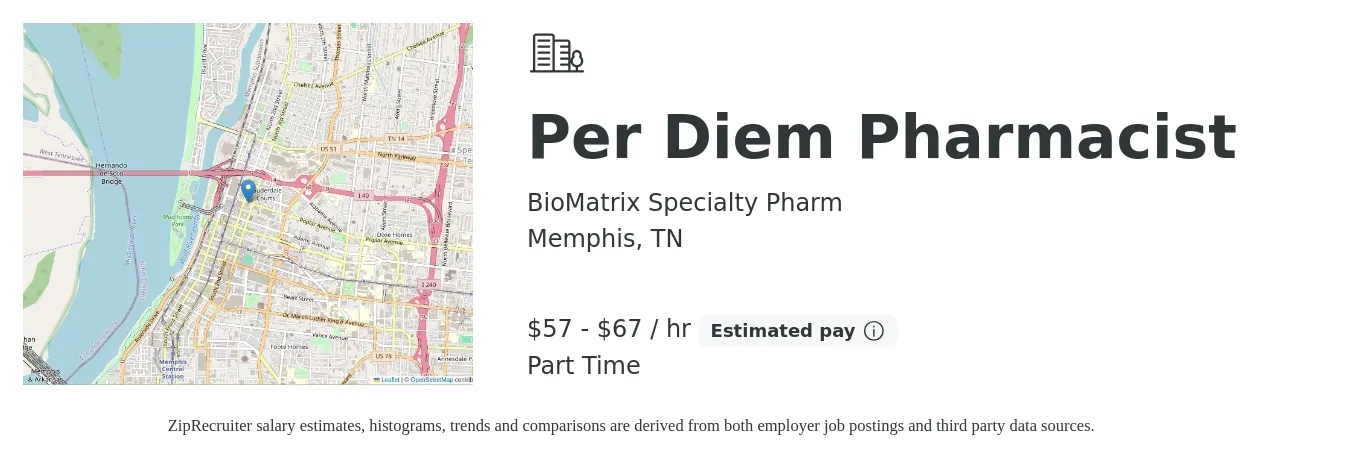 BioMatrix Specialty Pharm job posting for a Per Diem Pharmacist in Memphis, TN with a salary of $60 to $70 Hourly with a map of Memphis location.