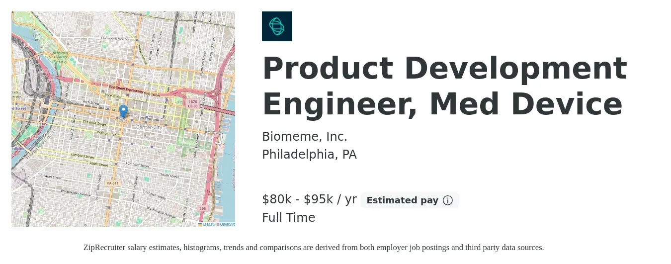 Biomeme, Inc. job posting for a Product Development Engineer, Med Device in Philadelphia, PA with a salary of $80,000 to $95,000 Yearly with a map of Philadelphia location.