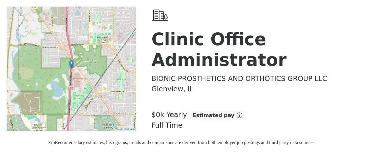 BIONIC PROSTHETICS AND ORTHOTICS GROUP LLC job posting for a Clinic Office Administrator in Glenview, IL with a salary of $16 to $18 Yearly with a map of Glenview location.