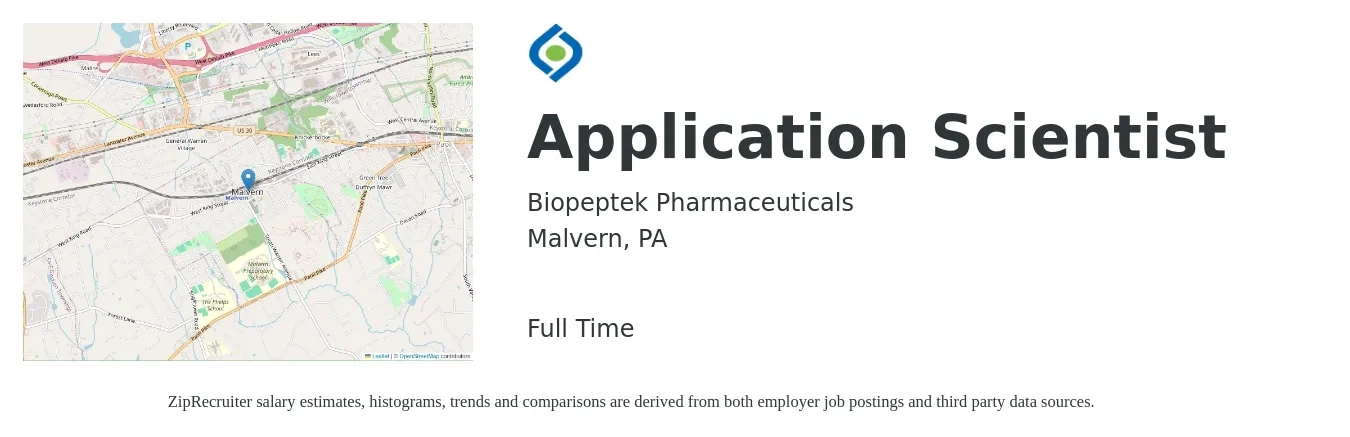 Biopeptek Pharmaceuticals job posting for a Application Scientist in Malvern, PA with a salary of $43 to $62 Hourly with a map of Malvern location.
