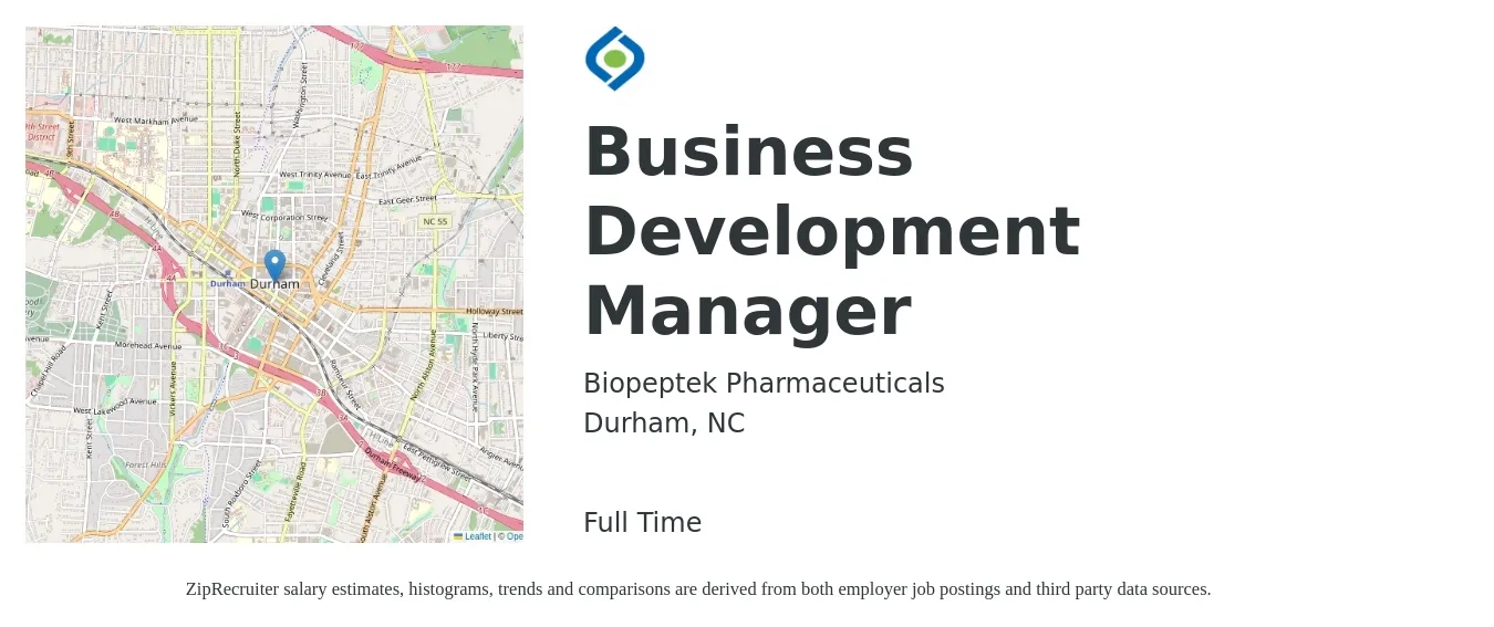Biopeptek Pharmaceuticals job posting for a Business Development Manager in Durham, NC with a salary of $58,900 to $96,600 Yearly with a map of Durham location.