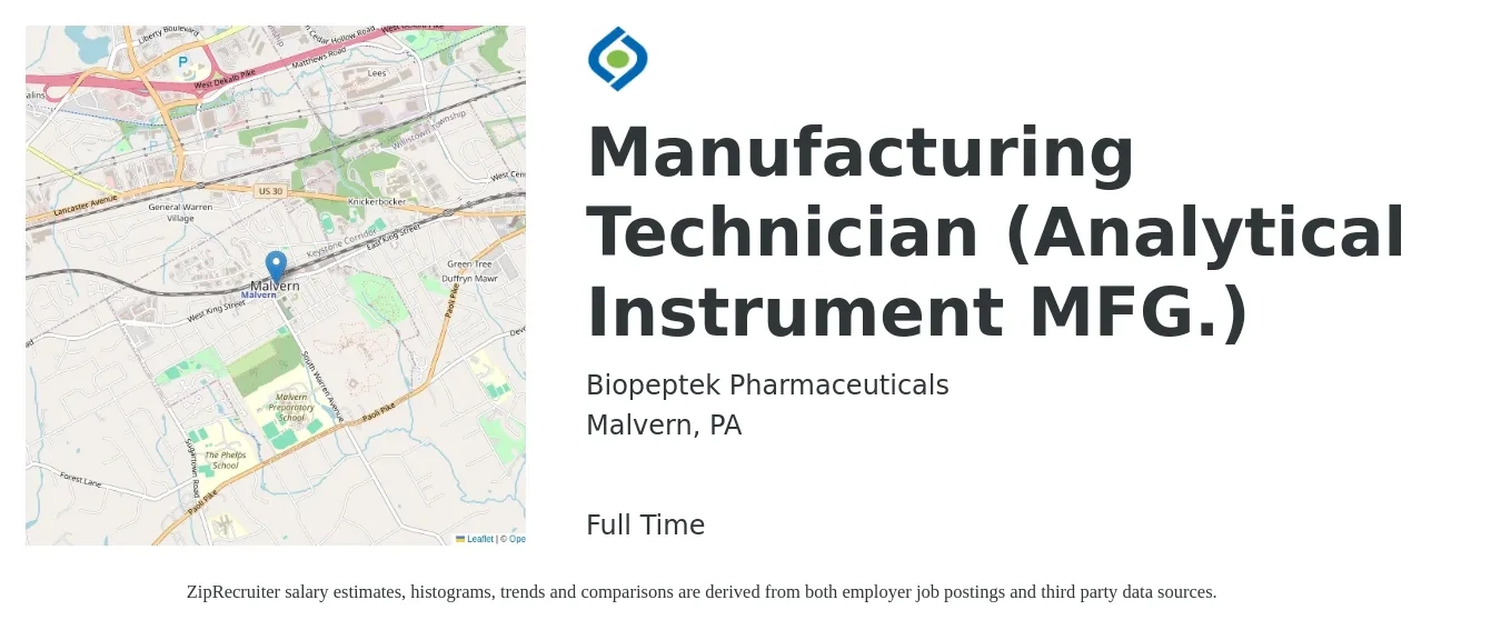 Biopeptek Pharmaceuticals job posting for a Manufacturing Technician (Analytical Instrument MFG.) in Malvern, PA with a salary of $20 to $30 Hourly with a map of Malvern location.