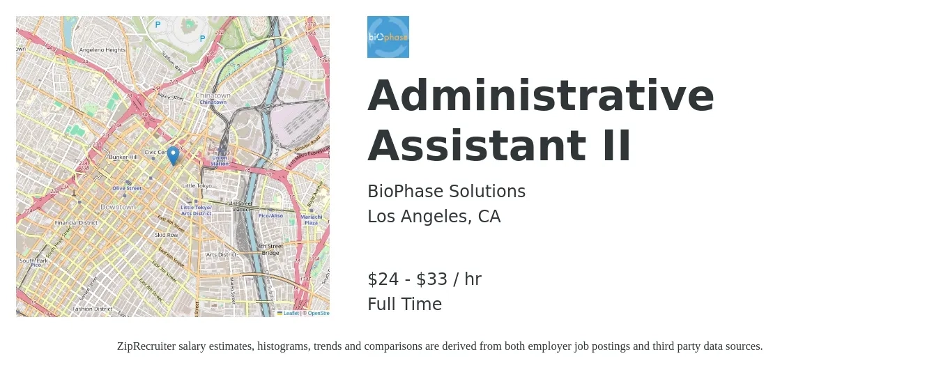 BioPhase Solutions job posting for a Administrative Assistant II in Los Angeles, CA with a salary of $25 to $35 Hourly with a map of Los Angeles location.