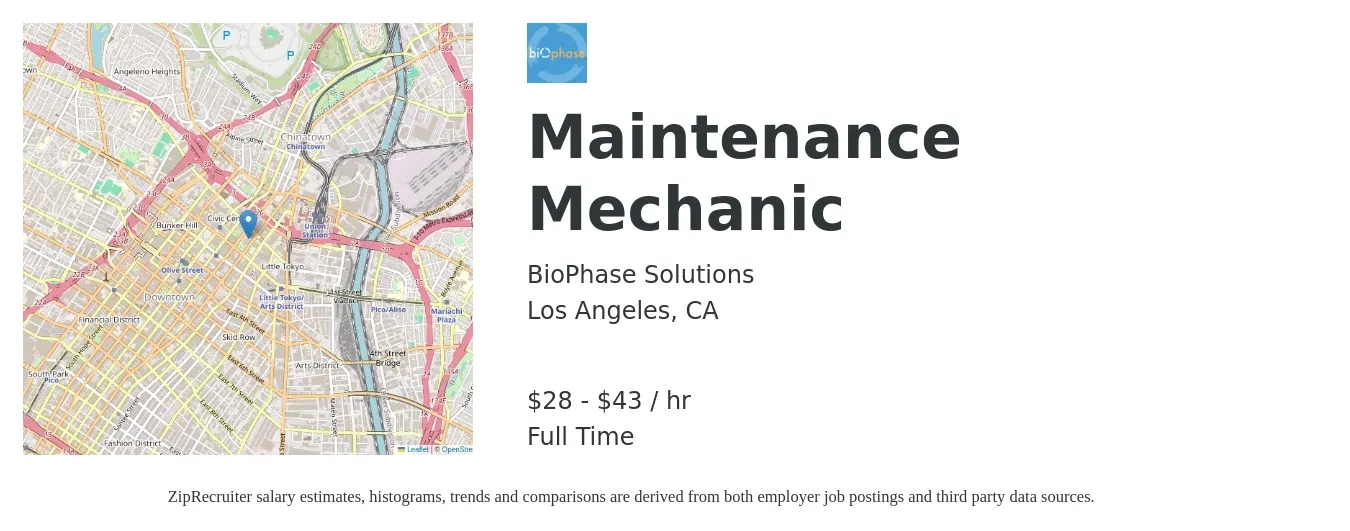 BioPhase Solutions job posting for a Maintenance Mechanic in Los Angeles, CA with a salary of $30 to $45 Hourly with a map of Los Angeles location.