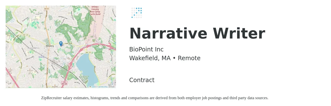 BioPoint Inc job posting for a Narrative Writer in Wakefield, MA with a salary of $20 to $30 Hourly with a map of Wakefield location.
