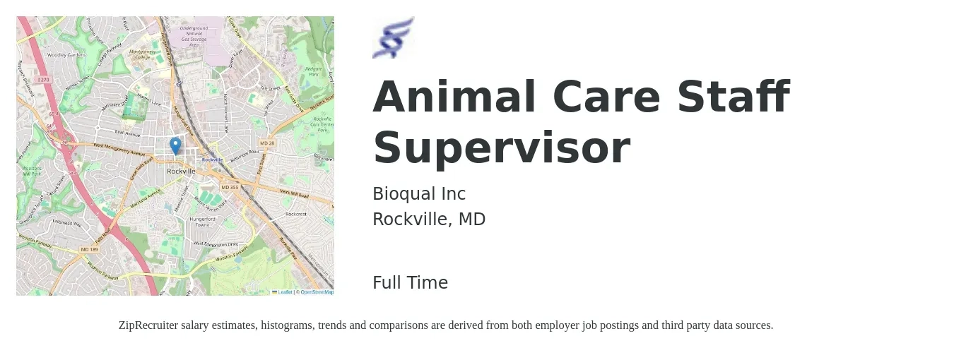 Bioqual Inc job posting for a Animal Care Staff Supervisor in Rockville, MD with a salary of $18 to $35 Hourly with a map of Rockville location.