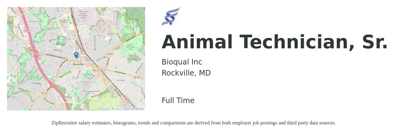 Bioqual Inc job posting for a Animal Technician, Sr. in Rockville, MD with a salary of $22 to $36 Hourly with a map of Rockville location.