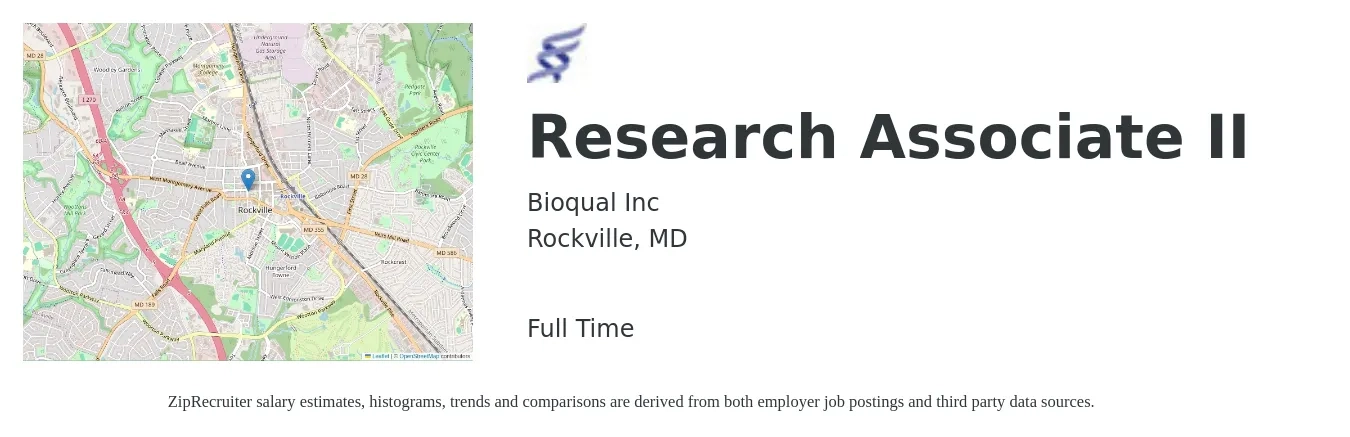 Bioqual Inc job posting for a Research Associate II in Rockville, MD with a salary of $28 to $39 Hourly with a map of Rockville location.