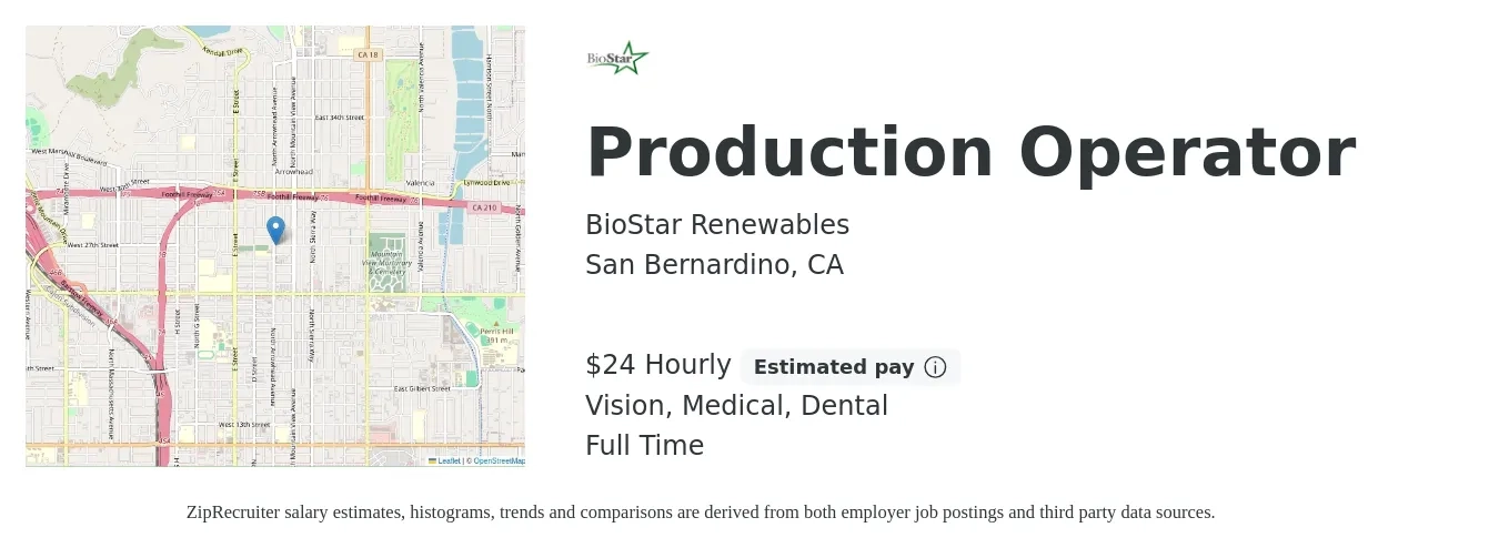 BioStar Renewables job posting for a Production Operator in San Bernardino, CA with a salary of $25 Hourly and benefits including medical, retirement, vision, and dental with a map of San Bernardino location.