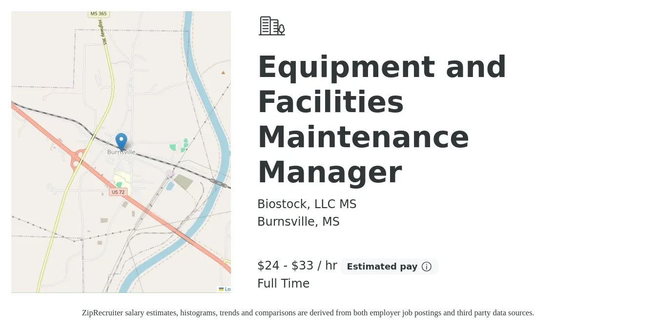 Biostock, LLC MS job posting for a Equipment and Facilities Maintenance Manager in Burnsville, MS with a salary of $25 to $35 Hourly with a map of Burnsville location.