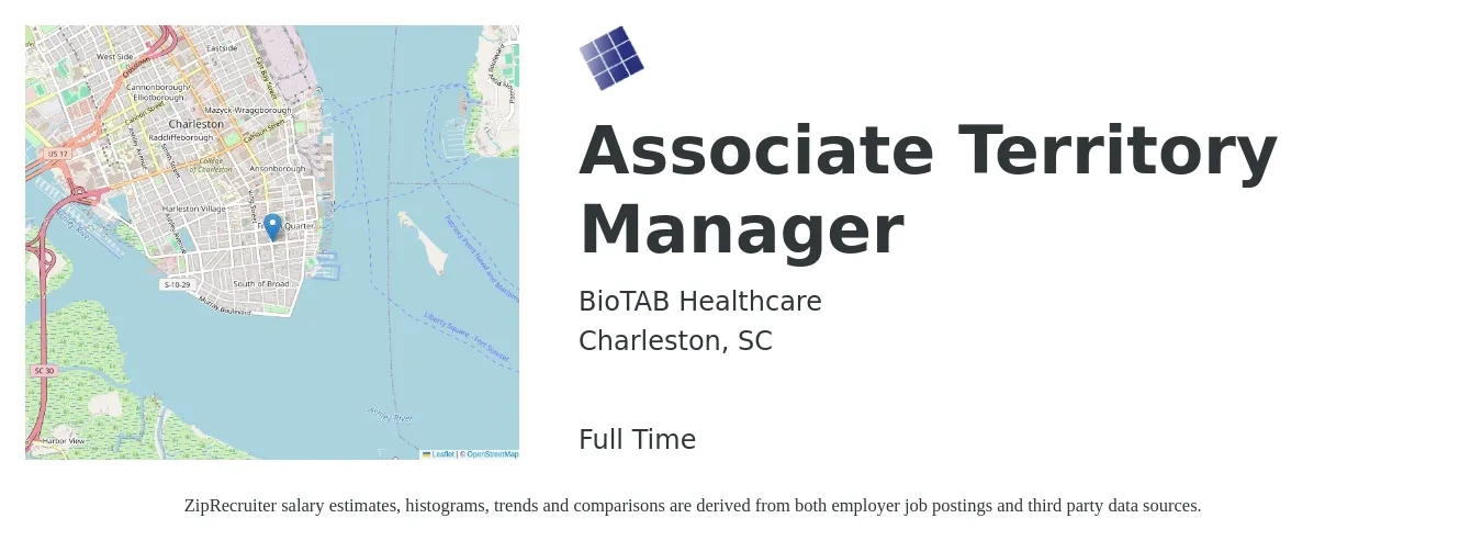 BioTAB Healthcare job posting for a Associate Territory Manager in Charleston, SC with a salary of $70,200 to $104,300 Yearly with a map of Charleston location.