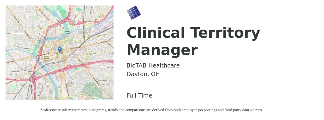 BioTAB Healthcare job posting for a Clinical Territory Manager in Dayton, OH with a salary of $72,900 to $108,400 Yearly with a map of Dayton location.