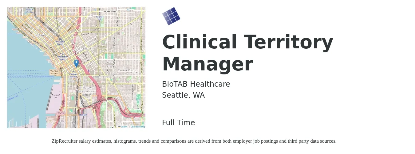 BioTAB Healthcare job posting for a Clinical Territory Manager in Seattle, WA with a salary of $85,400 to $126,900 Yearly with a map of Seattle location.