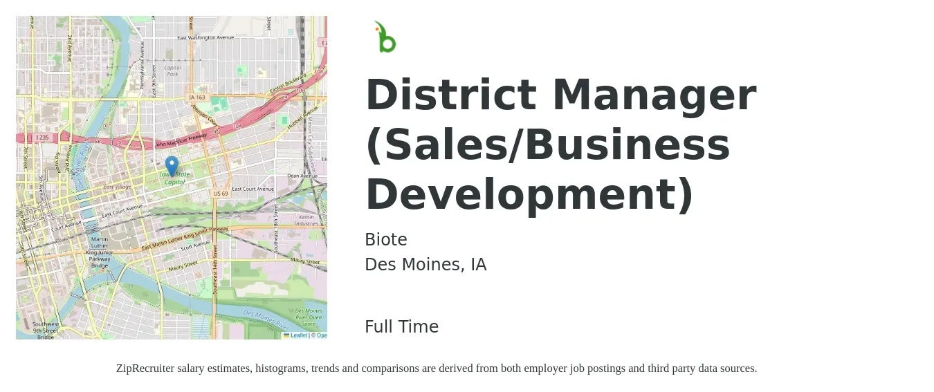 Biote job posting for a District Manager (Sales/Business Development) in Des Moines, IA with a salary of $56,100 to $102,000 Yearly with a map of Des Moines location.