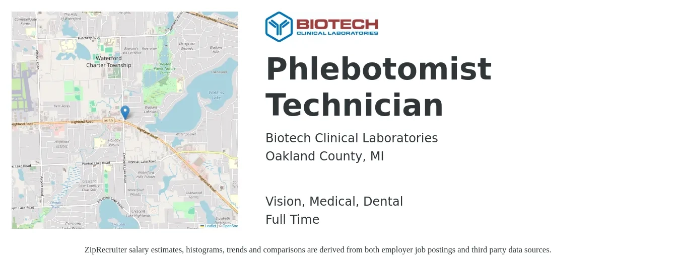 Biotech Clinical Laboratories job posting for a Phlebotomist Technician in Oakland County, MI with a salary of $16 to $19 Hourly and benefits including pto, retirement, vision, dental, life_insurance, and medical with a map of Oakland County location.