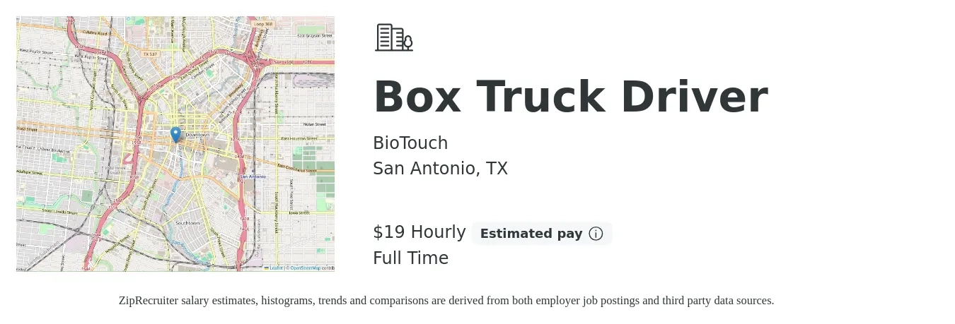 BioTouch job posting for a Box Truck Driver in San Antonio, TX with a salary of $20 Hourly with a map of San Antonio location.