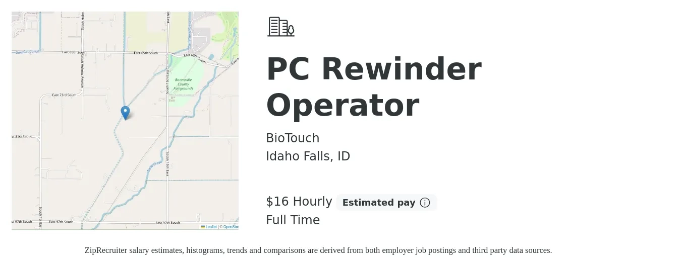 BioTouch job posting for a PC Rewinder Operator in Idaho Falls, ID with a salary of $17 Hourly with a map of Idaho Falls location.