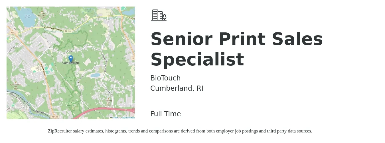 BioTouch job posting for a Senior Print Sales Specialist in Cumberland, RI with a salary of $16 to $20 Hourly with a map of Cumberland location.