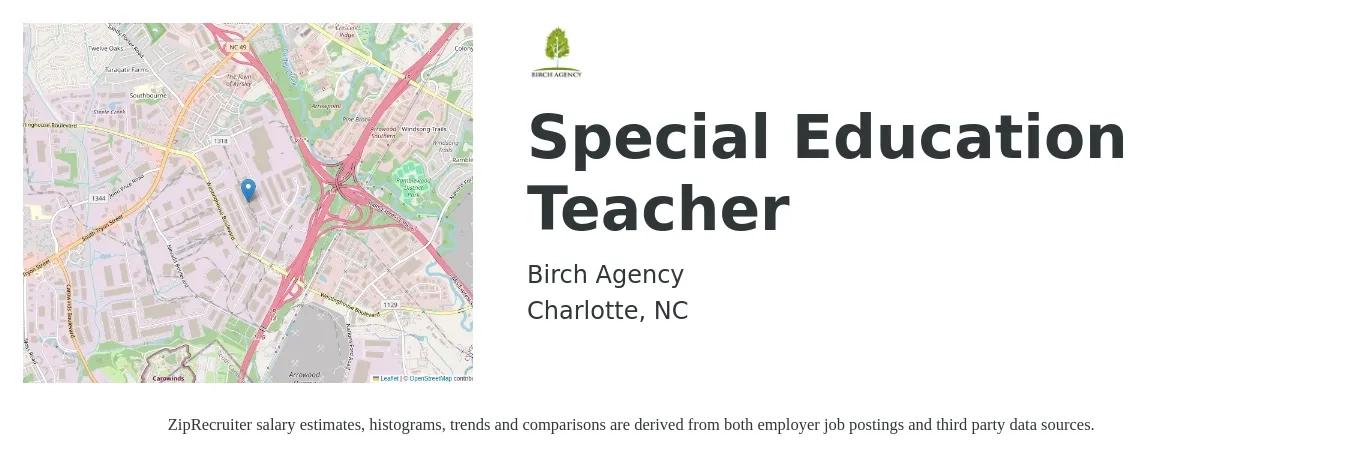 Birch Agency job posting for a Special Education Teacher in Charlotte, NC with a salary of $48,800 to $64,500 Yearly with a map of Charlotte location.