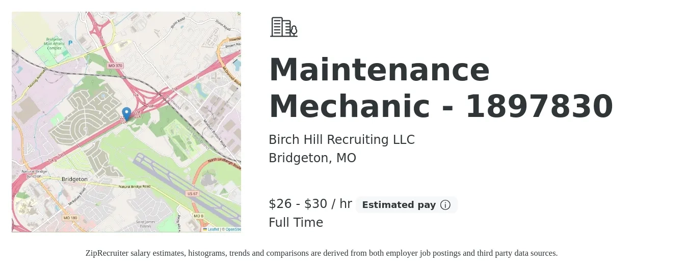 Birch Hill Recruiting LLC job posting for a Maintenance Mechanic - 1897830 in Bridgeton, MO with a salary of $28 to $32 Hourly with a map of Bridgeton location.