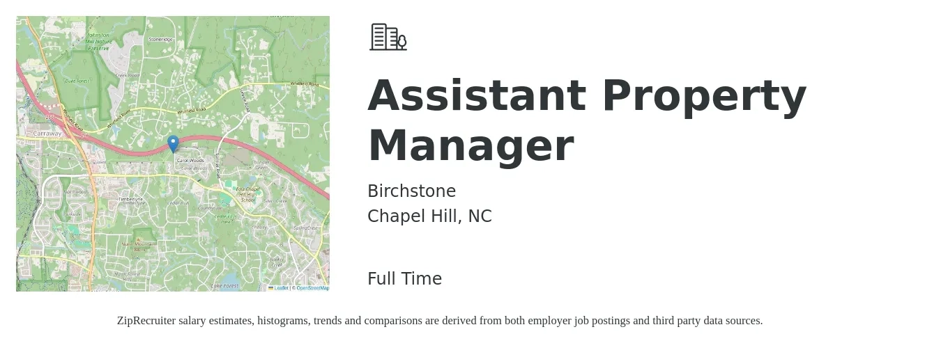 Birchstone job posting for a Assistant Property Manager in Chapel Hill, NC with a map of Chapel Hill location.