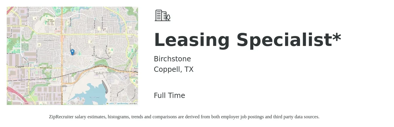 Birchstone job posting for a Leasing Specialist* in Coppell, TX with a salary of $16 to $20 Hourly with a map of Coppell location.