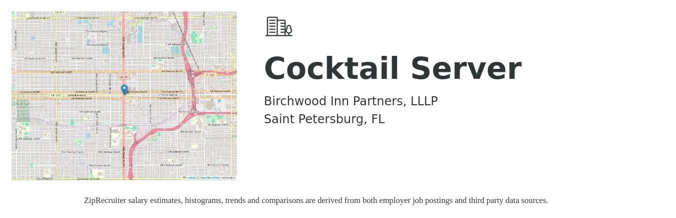 Birchwood Inn Partners, LLLP job posting for a Cocktail Server in Saint Petersburg, FL with a salary of $10 to $16 Hourly with a map of Saint Petersburg location.