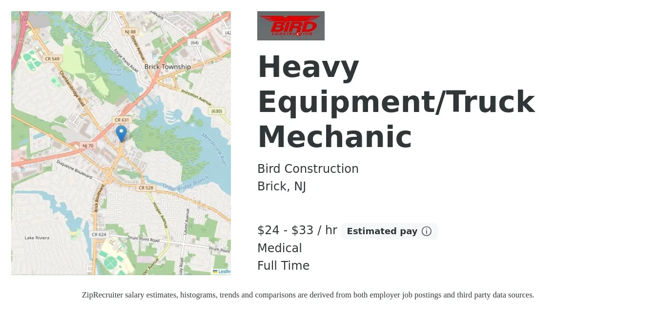 Bird Construction job posting for a Heavy Equipment/Truck Mechanic in Brick, NJ with a salary of $25 to $35 Hourly and benefits including medical with a map of Brick location.