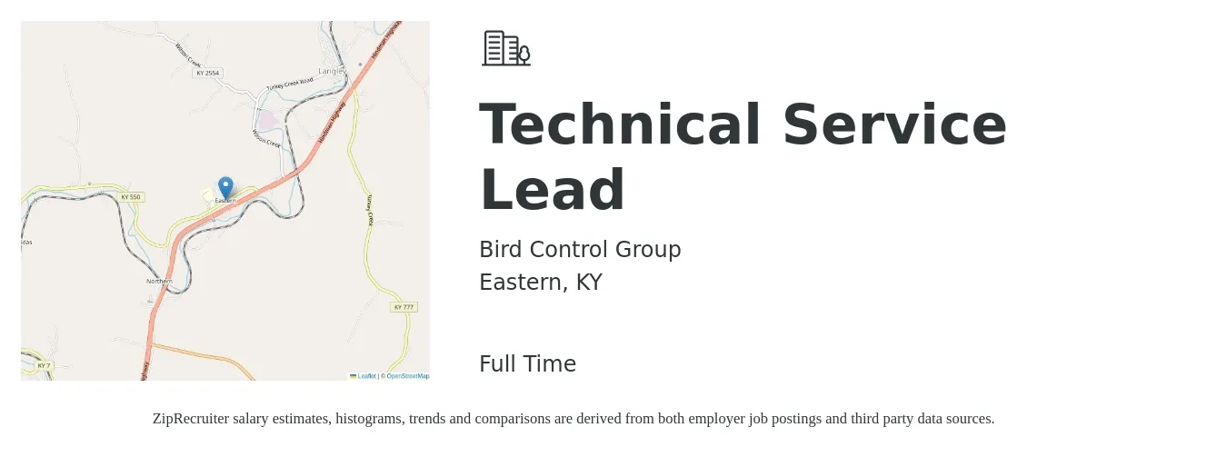 Bird Control Group job posting for a Technical Service Lead in Eastern, KY with a salary of $85,600 to $151,200 Yearly with a map of Eastern location.