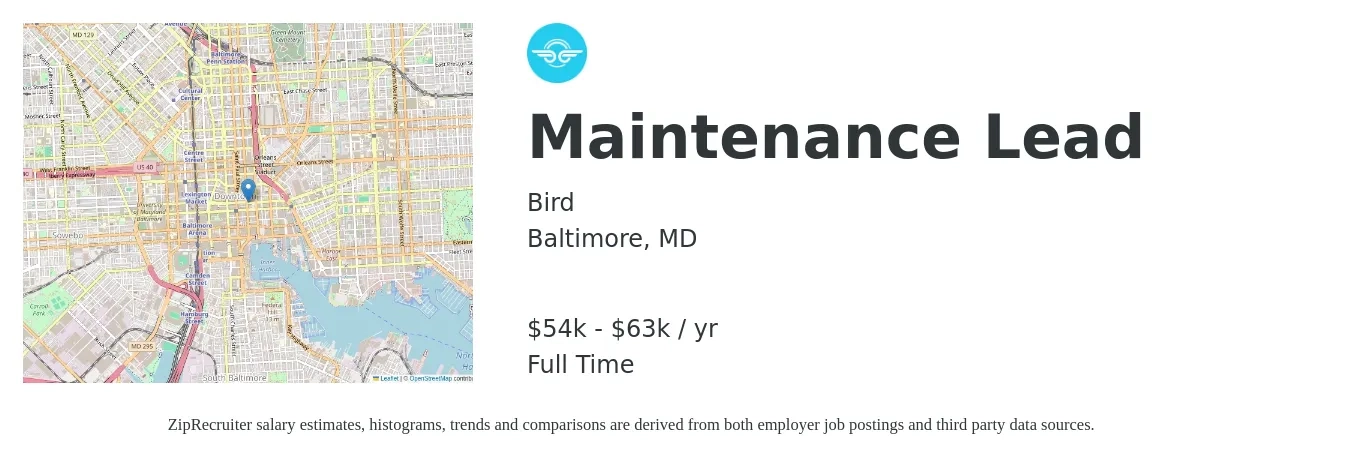 Bird job posting for a Maintenance Lead in Baltimore, MD with a salary of $54,200 to $63,800 Yearly with a map of Baltimore location.