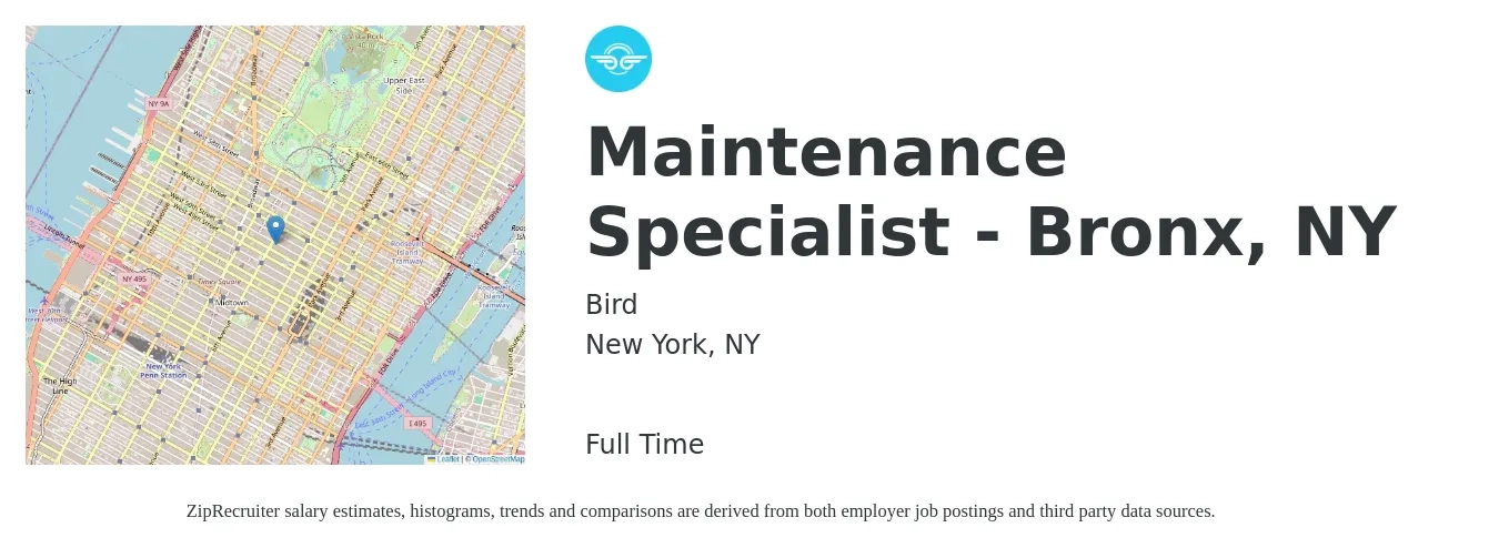 Bird job posting for a Maintenance Specialist - Bronx, NY in New York, NY with a salary of $23 to $31 Hourly with a map of New York location.