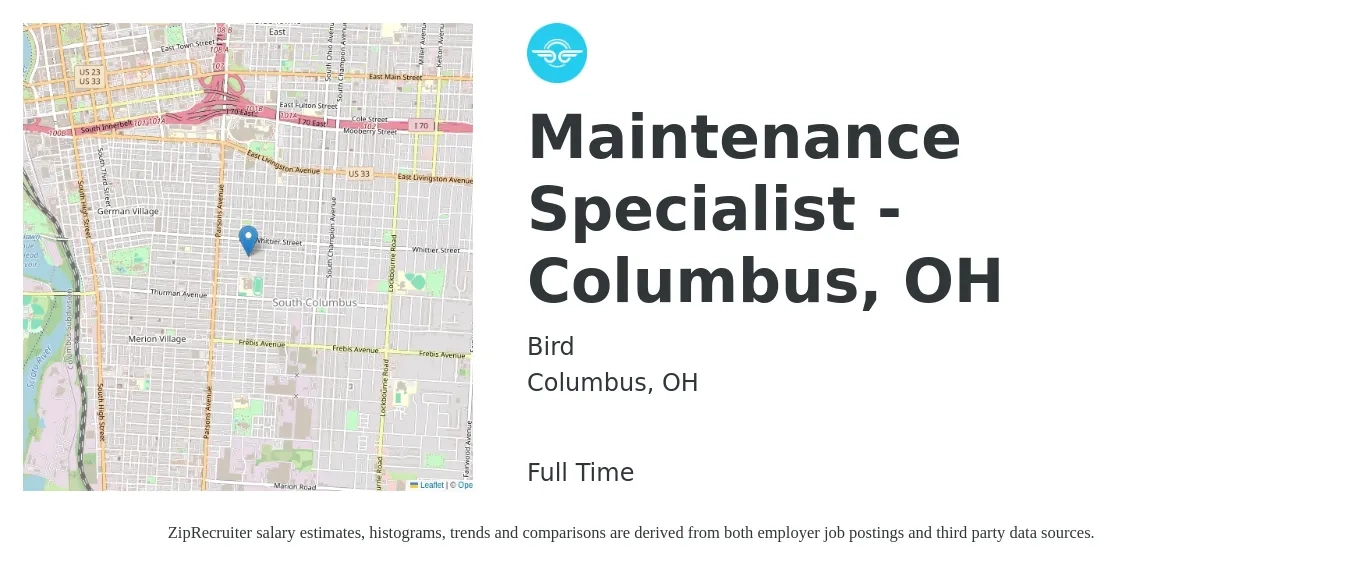 Bird job posting for a Maintenance Specialist - Columbus, OH in Columbus, OH with a salary of $20 to $28 Hourly with a map of Columbus location.