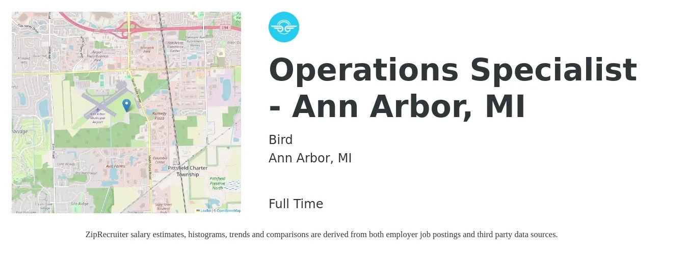 Bird job posting for a Operations Specialist - Ann Arbor, MI in Ann Arbor, MI with a salary of $50,400 to $67,500 Yearly with a map of Ann Arbor location.