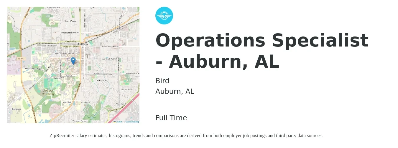Bird job posting for a Operations Specialist - Auburn, AL in Auburn, AL with a salary of $40,100 to $68,100 Yearly with a map of Auburn location.