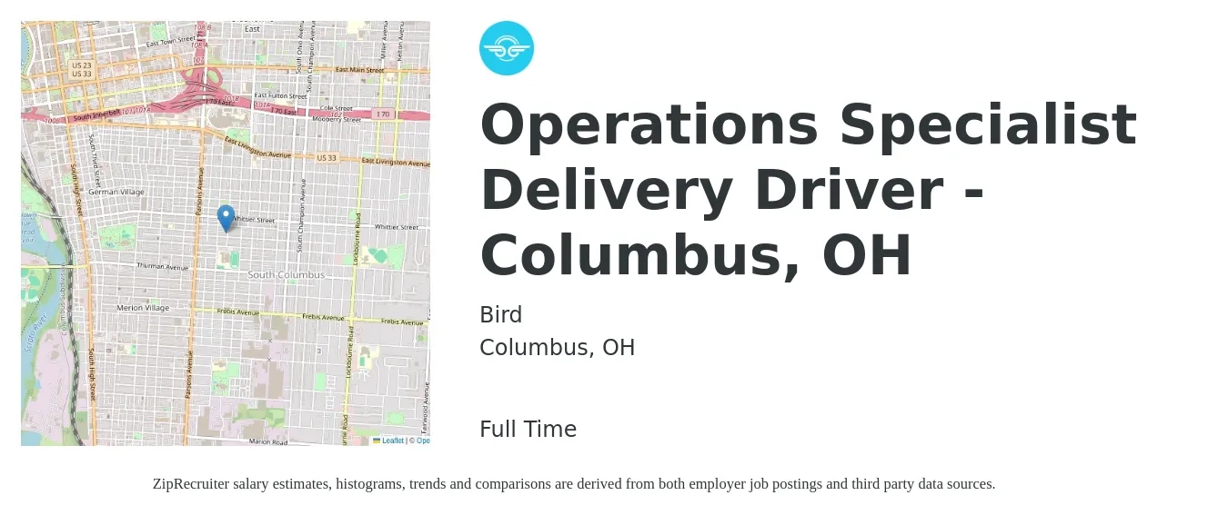 Bird job posting for a Operations Specialist Delivery Driver - Columbus, OH in Columbus, OH with a salary of $14 to $21 Hourly with a map of Columbus location.