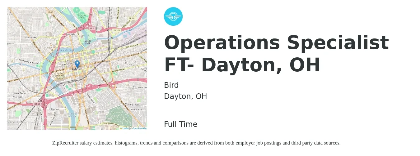 Bird job posting for a Operations Specialist FT- Dayton, OH in Dayton, OH with a salary of $46,700 to $79,200 Yearly with a map of Dayton location.